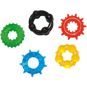 A set of plastic rings with different colors.