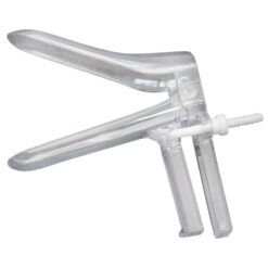 A pair of clear plastic clamps on a white background.