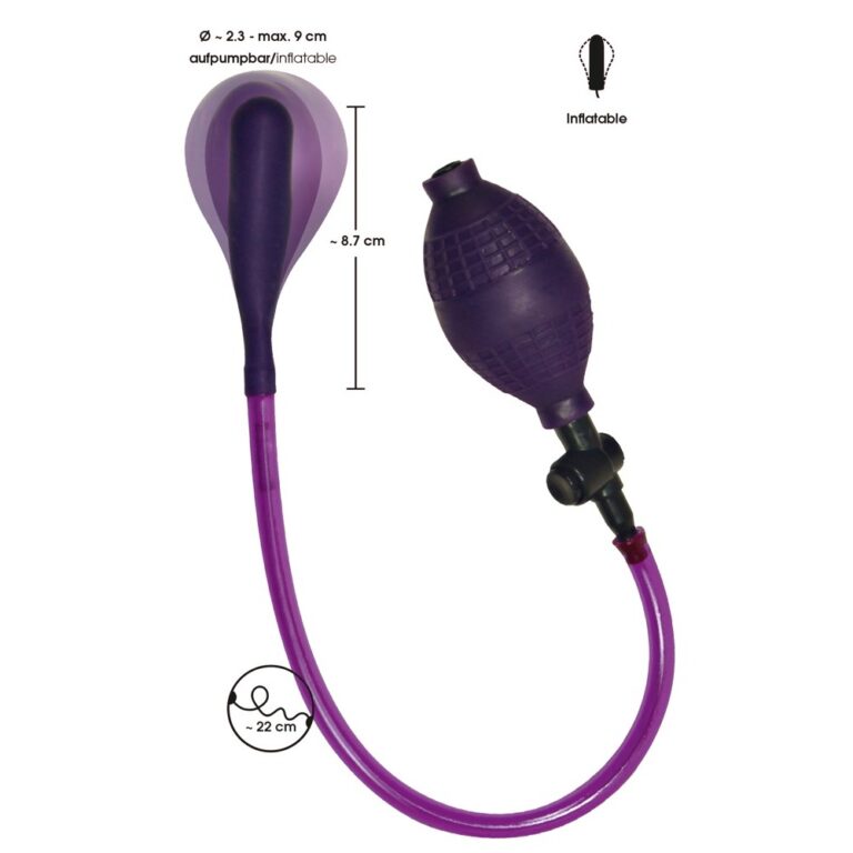 Inflatable pump for sexual wellness and enhancement, featuring a flexible purple tube and a compact, inflatable balloon for easy use and discreet pleasure.