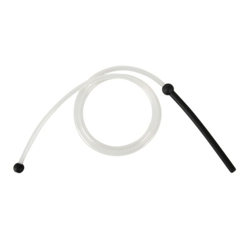 A white hose with a black handle.