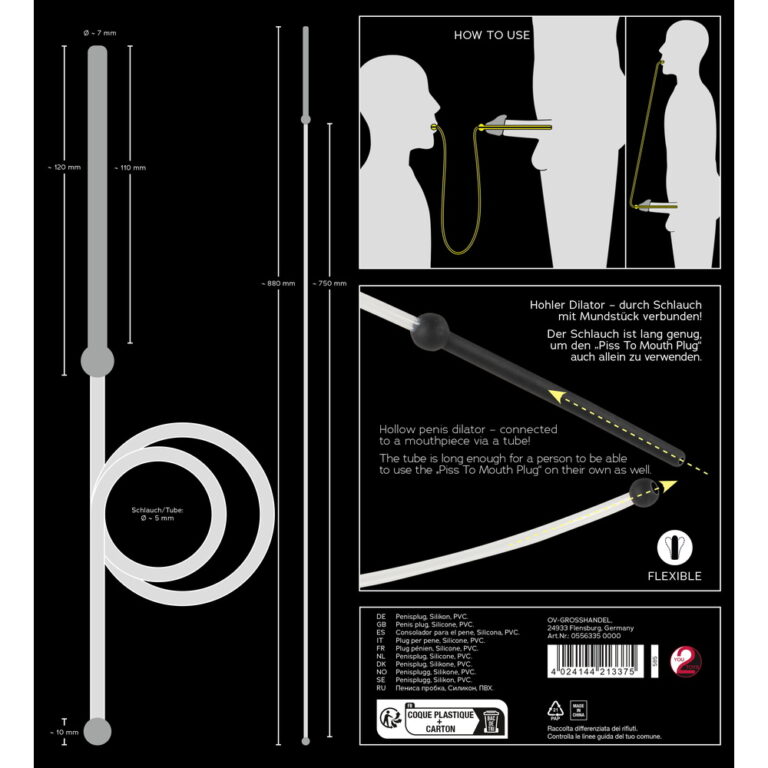 Hollow penis dilator connected to a tube for Piss to Mouth application, designed for easy use by long users. Includes detailed instructions for safe and effective use, made from flexible, durable mate.