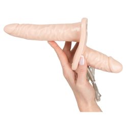 Vibrating Flesh Strap On Duo Vibrating Dongs - angled view