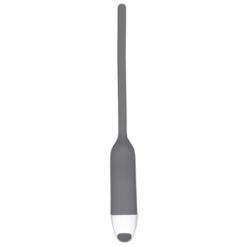 A grey toothbrush with a white handle.