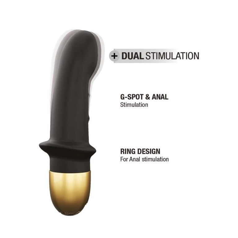 Black vibrator with gold base featuring dual stimulation for G-spot and anal, ring design for enhanced anal stimulation, ideal for adult pleasure and sextech innovations.