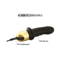 An image of a black and gold rechargeable vibrator featuring a USB charging port, soft silicone surface, and ergonomic design for enhanced pleasure and comfort.