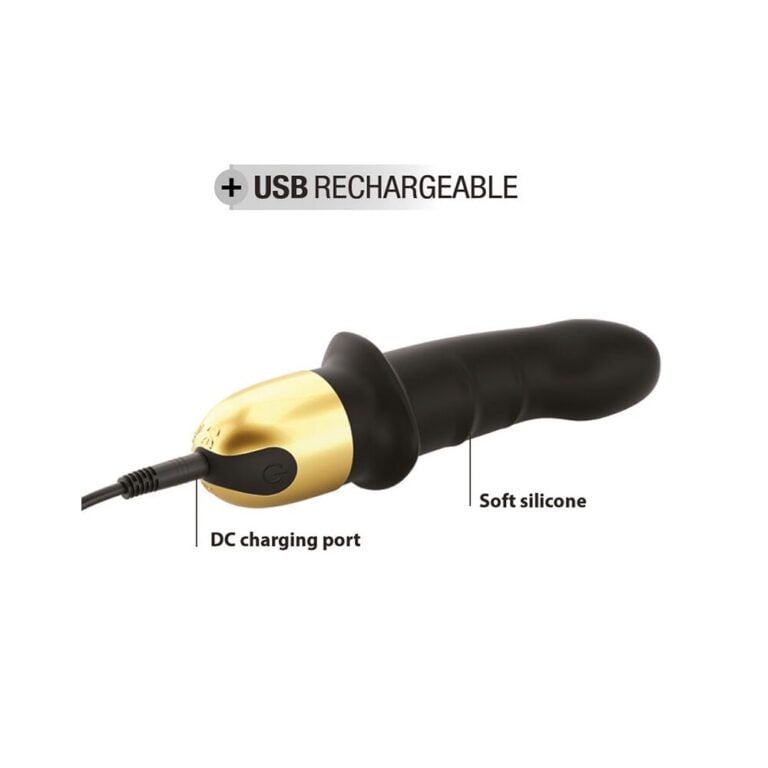 An image of a black and gold rechargeable vibrator featuring a USB charging port, soft silicone surface, and ergonomic design for enhanced pleasure and comfort.