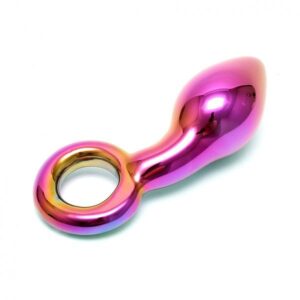 A pink and purple sex toy on a white background.