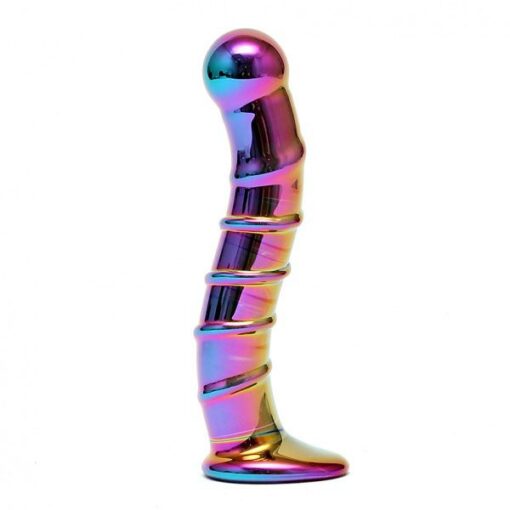 A rainbow colored dildo on a white background.