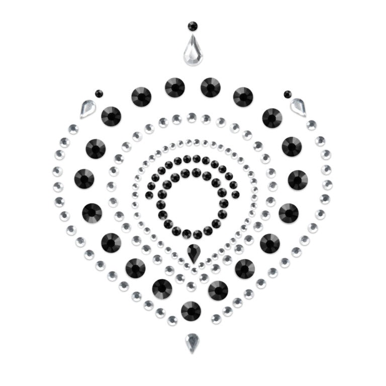 Glamorous crystal heart decoration featuring black and clear rhinestones arranged in a symmetrical pattern, ideal for enhancing romantic or luxurious themes in home decor or events.