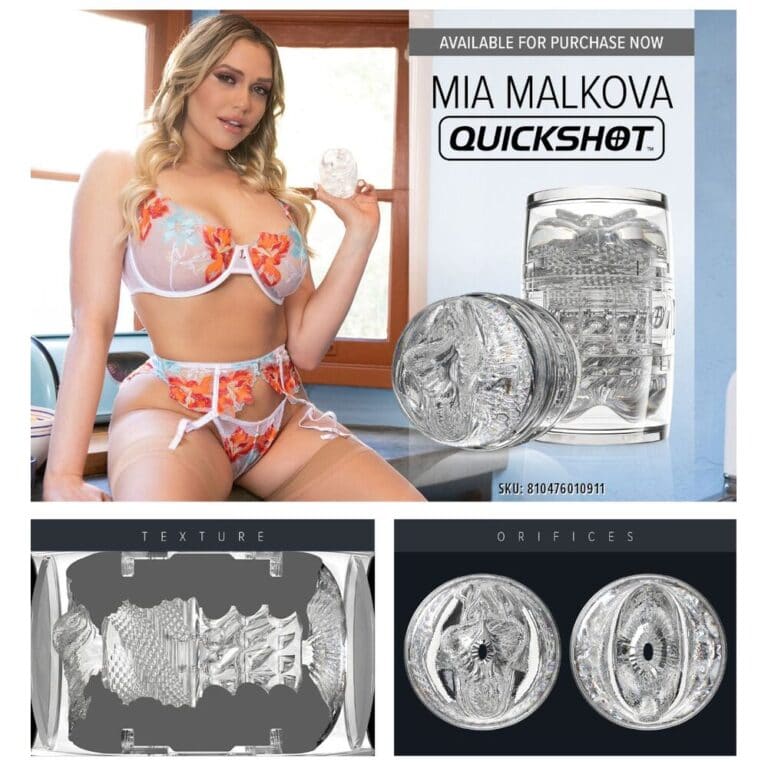 Mia Malkova Quickshot vibrator with textured design and orifice attachments, ideal for discreet and intense pleasure, perfect for adult intimacy and sextech enthusiasts.