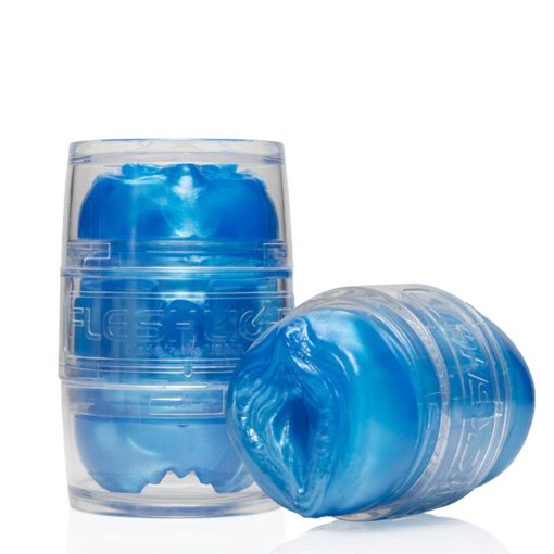 A pair of blue plastic cups with a blue lid.