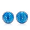 A pair of blue glass balls on a white surface.