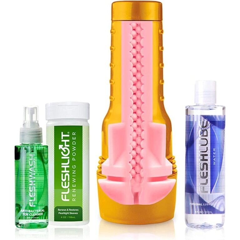 An SEO-friendly image featuring a pink and yellow sex toy with accompanying personal care products, including a disinfectant spray, cleaning powder, and water-based lubricant, highlighting adult intim.