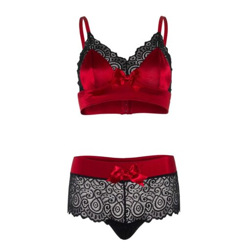 A red and black bra and panties set.