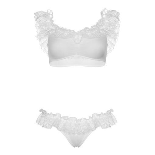 A white lingerie set with lace and ruffles.