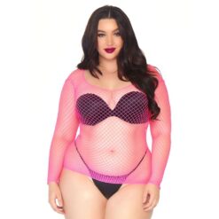 A plus size woman wearing a pink fishnet bodysuit.