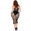 The back view of a woman in a black fishnet bodystocking.