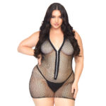 A plus size woman wearing a black fishnet bodysuit.