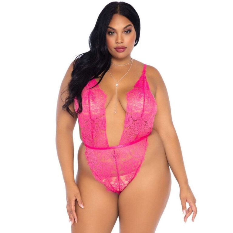 A woman wearing a pink lace lingerie bodysuit, showcasing modern sextech-inspired intimate apparel for confidence and comfort. Perfect for enhancing personal style and exploring sensuality.
