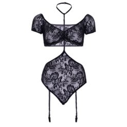 Elegant black lace lingerie set with floral patterns, featuring a bra and high-waisted thong with garter straps, perfect for intimate occasions and enhancing sensual confidence.
