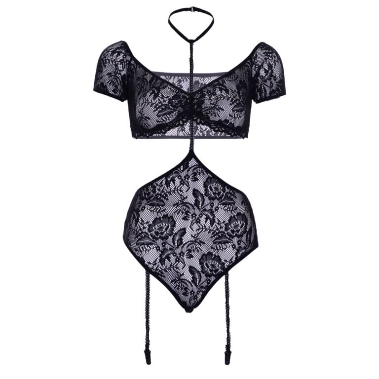 Elegant black lace lingerie set with floral patterns, featuring a bra and high-waisted thong with garter straps, perfect for intimate occasions and enhancing sensual confidence.