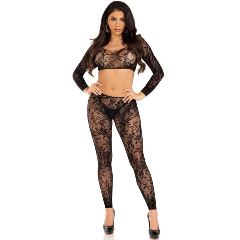 Enhance your intimate wardrobe with this elegant black lace lingerie set, featuring a sheer long-sleeve bodysuit and matching high-waisted pants, perfect for confident and stylish nights.