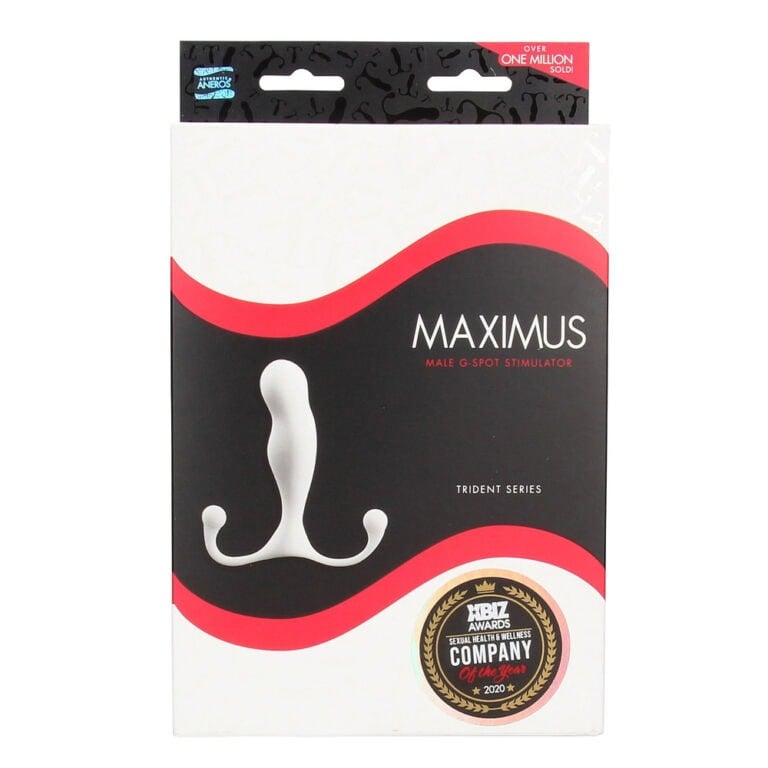Discreet adult toy packaging featuring the Maximus male G-spot stimulator from the Trident Series, designed for enhanced pleasure and intimacy, ideal for couples and solo use.