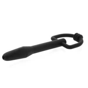 A black plastic hook on a white background.