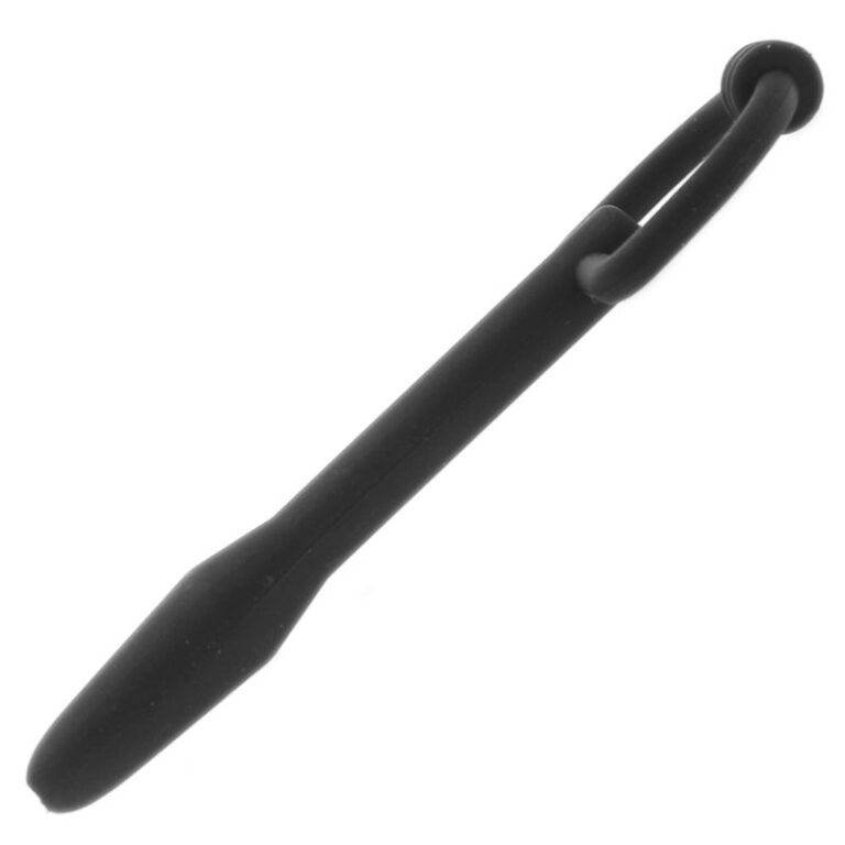 A black silicone anal probe designed for adult pleasure, featuring a smooth, curved shape and a safety flared base for comfortable and secure use, ideal for intimate exploration.