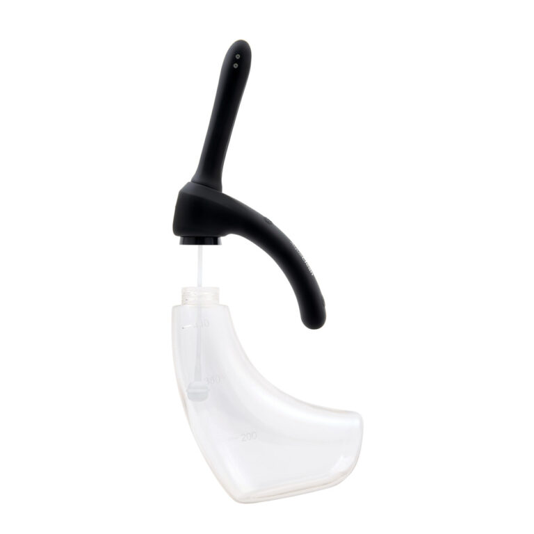 An innovative penis pump featuring a black ergonomic handle, a transparent vacuum chamber, and a manual hand pump for enhanced sexual wellness and performance.