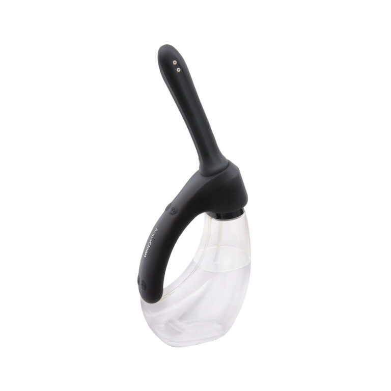 Waterproof personal massager with ergonomic design, ideal for intimate pleasure and relaxation, featuring a sleek black handle and transparent silicone head for easy use and cleaning.
