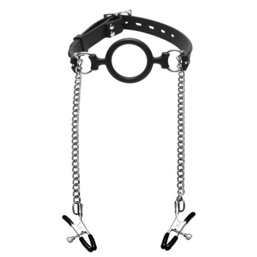 A black leather collar with chains and a chain on it.