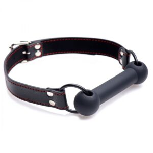 A black leather collar with a red handle.