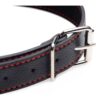 A black leather dog collar with red stitching.