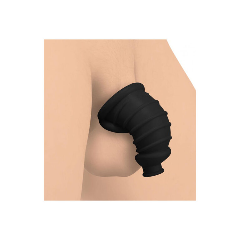 A close-up of a black, textured adult toy designed for intimate pleasure, positioned against a neutral background.