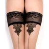 A close-up of a person wearing black lace thigh-high stockings with decorative patterns.