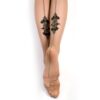 A pair of legs adorned with black lace garter tattoos and a chain-like design extending down to the feet.