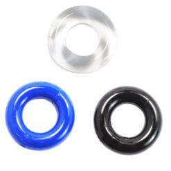 A set of blue, black, and white o-rings.