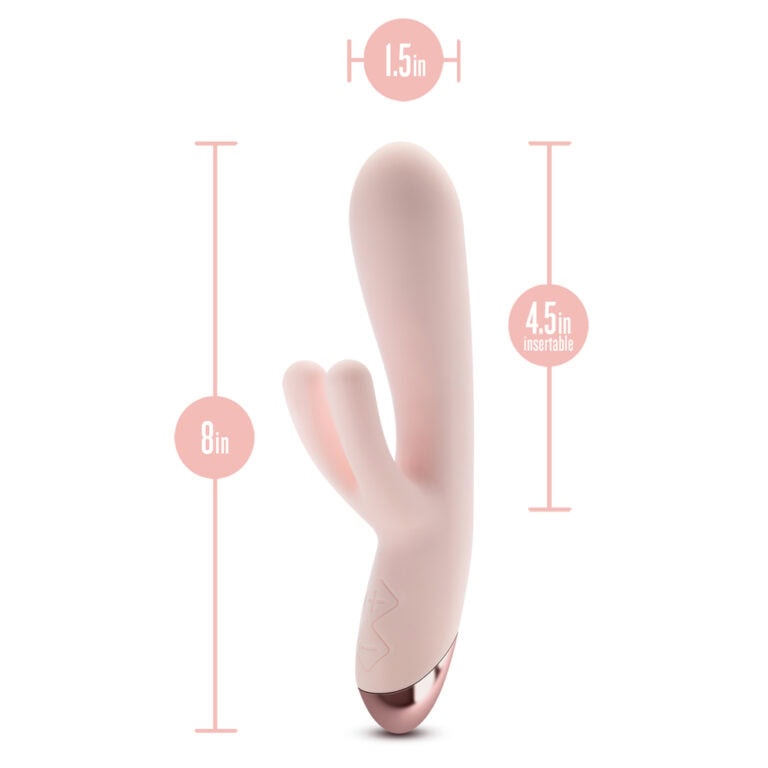 Close-up of a pink, curved vibrator with adjustable length, designed for intimate pleasure, featuring ergonomic shape and measurements for optimal use.