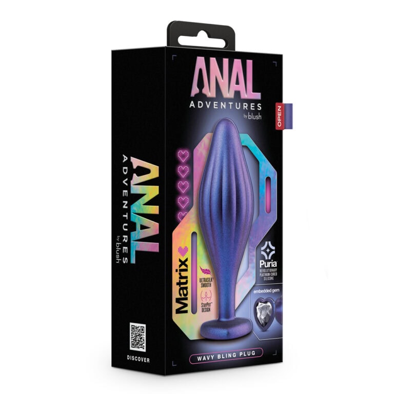 Purple silicone butt plug with a wavy shaft and jewel-style base detail