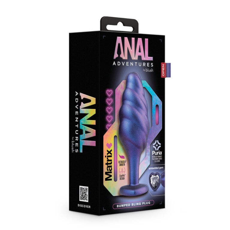 Anatomical silicone anal plug with vibrant, colourful design, ideal for anal pleasure and exploration, featuring embedded gems for added visual appeal and stimulation.