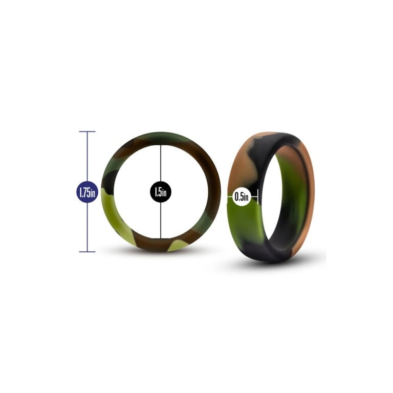 An image of a silicone ring with measurements showing 1.75 inches diameter, 1.5 inches inner diameter, and 0.5 inches width, highlighting its flexible and discreet design for intimate pleasure.