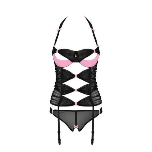 A black and pink lingerie set on a white background.