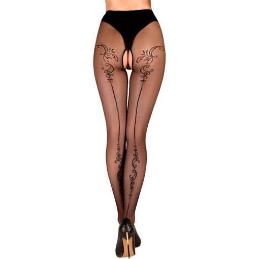 A person standing in black high heels, showcasing tattoos or printed designs along the back of their sheer tights.