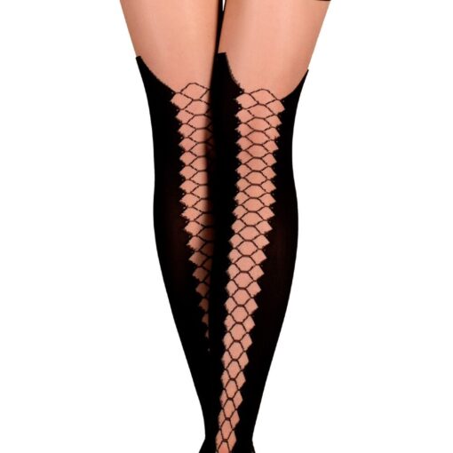 A pair of long, black, fishnet-patterned socks worn on legs against a white background.