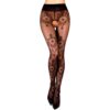 A pair of black lace-patterned tights with a cut-out design.