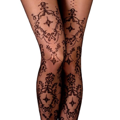 A pair of legs wearing patterned lace tights.