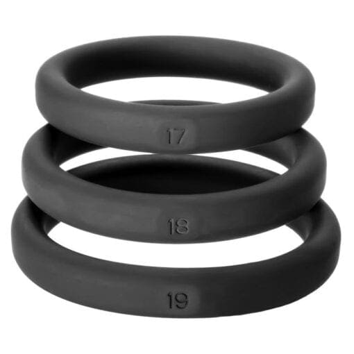 Three black rubber rings with numbers on them.