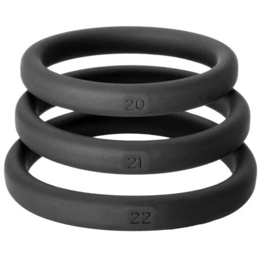 A set of black rubber rings with numbers on them.