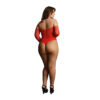 The back of a woman in a red bodysuit.